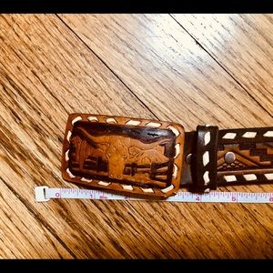 COW HEAD LEATHER BELT BUCKLE ONLY TOOLED LACED LEATHER AZTEC VINTAGE BOYS/MENS